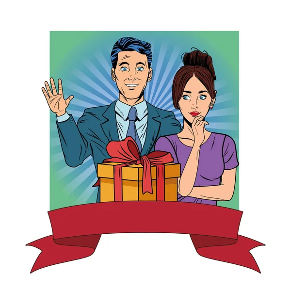 Couple avatar with gift box pop art — 스톡 벡터