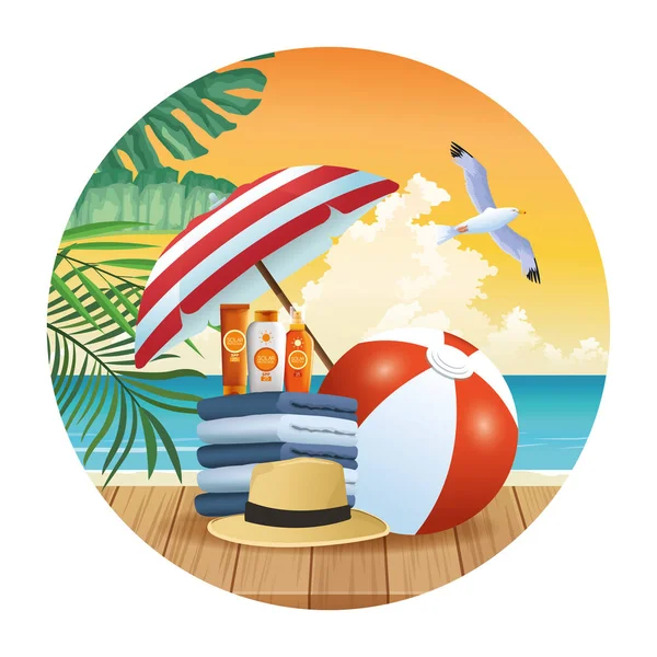 Καλοκαίρι και παραλία προϊόντα κινούμενα σχέδια γύρο εικονίδιο — Διανυσματικό Αρχείο