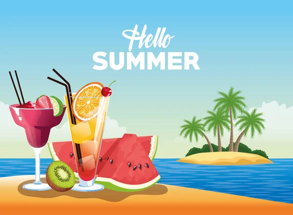 Hola cartel de la tarjeta de verano con dibujos animados — Vector de stock