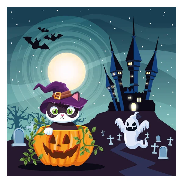 Halloween escena oscura con calabaza y gato en el cementerio — Archivo Imágenes Vectoriales