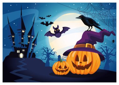 Cadılar bayramı karanlık sahnesi Balkabağı ve şapka cadısı