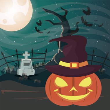 Cadılar bayramı karanlık sahnesi balkabağıyla