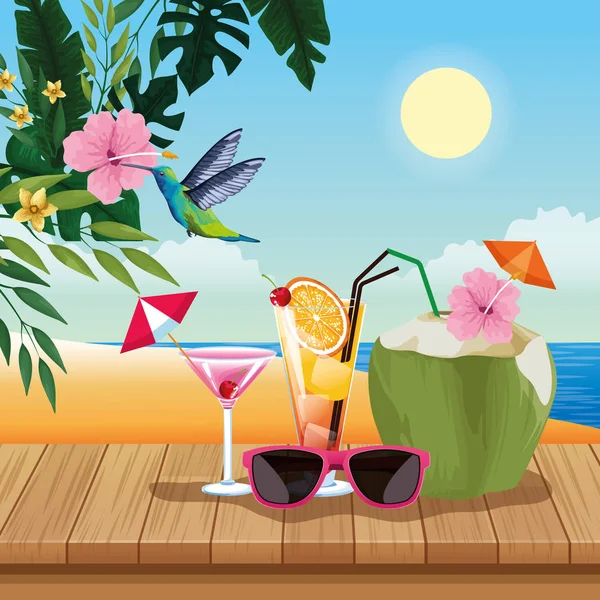 Férias de verão e desenhos animados de praia —  Vetores de Stock