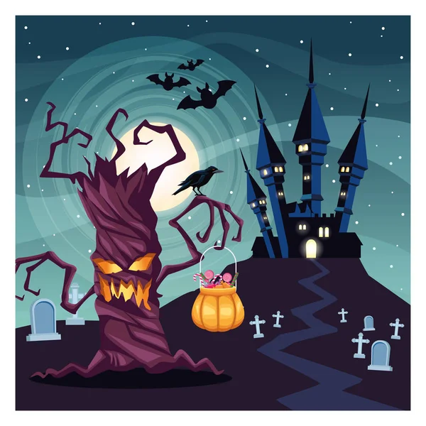 Halloween escena oscura con árbol y caramelos en calabaza — Vector de stock