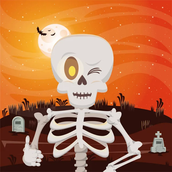 Halloween escuro cena com esqueleto — Vetor de Stock