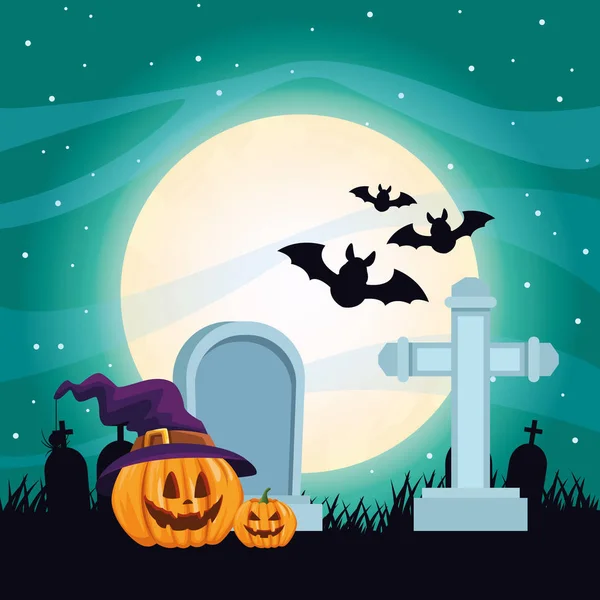 Halloween tmavá scéna s dýněmi na hřbitově — Stockový vektor