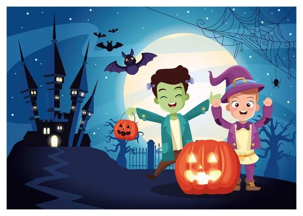 Halloween escuro cena com crianças disfarçadas e abóbora —  Vetores de Stock