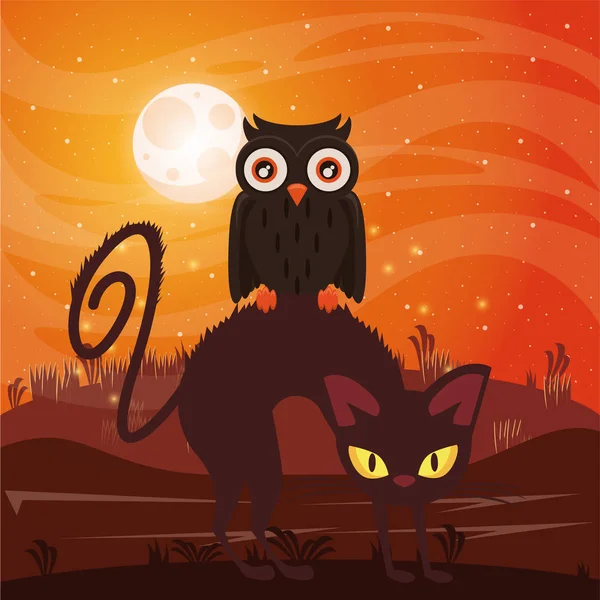 Halloween oscuro escena con gato y búho — Archivo Imágenes Vectoriales