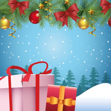 gift boxes and christmas ornaments over snowy blue background