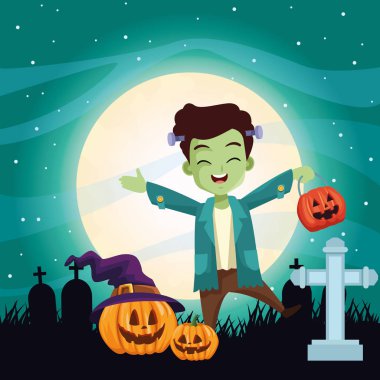 halloween dark scene with boy disguise of frankenstein