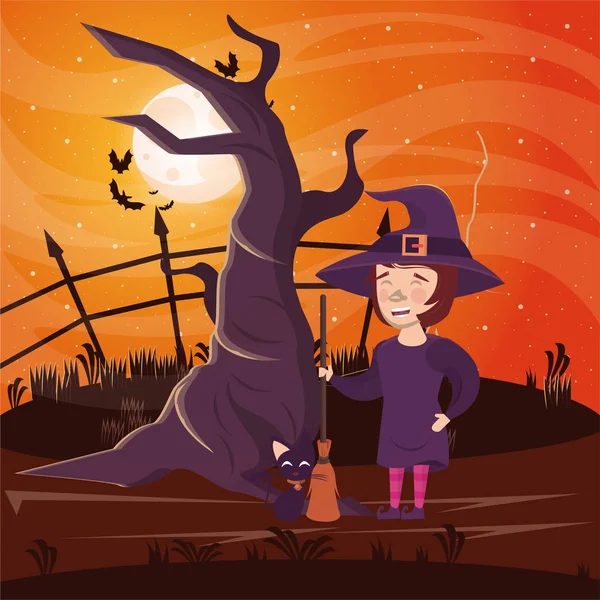 Halloween donker scene met vrouw vermomde heks — Stockvector