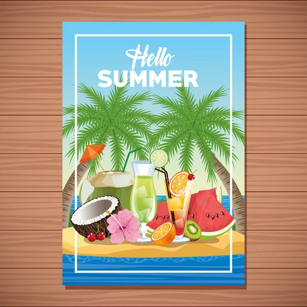 Hola cartel de la tarjeta de verano con dibujos animados — Vector de stock