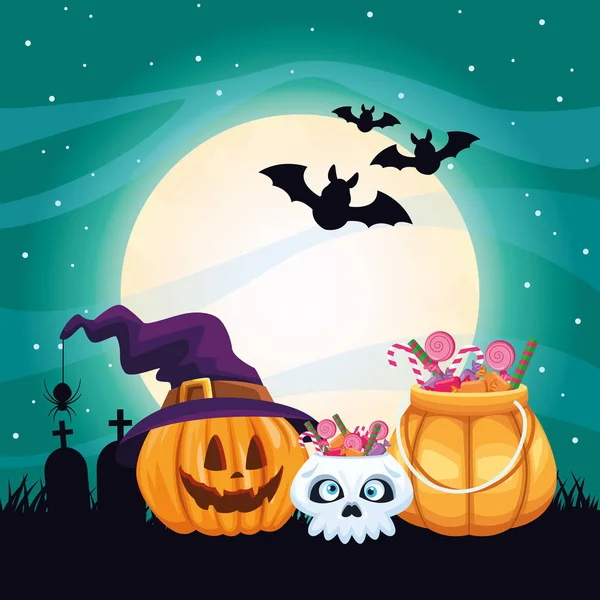 Halloween escuro cena com abóbora e doces —  Vetores de Stock