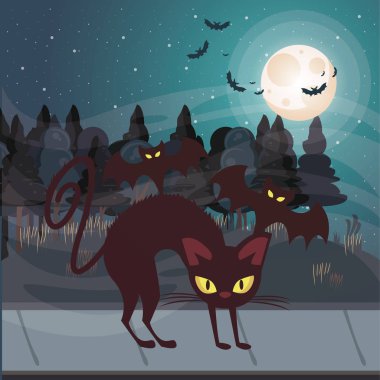 Cadılar Bayramı karanlık sahne ile siyah kedi