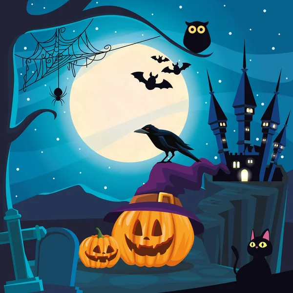 Halloween tmavá scéna s dýněmi na hřbitově — Stockový vektor