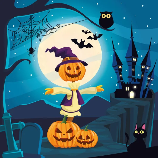 Halloween scène sombre avec épouvantail et citrouilles — Image vectorielle