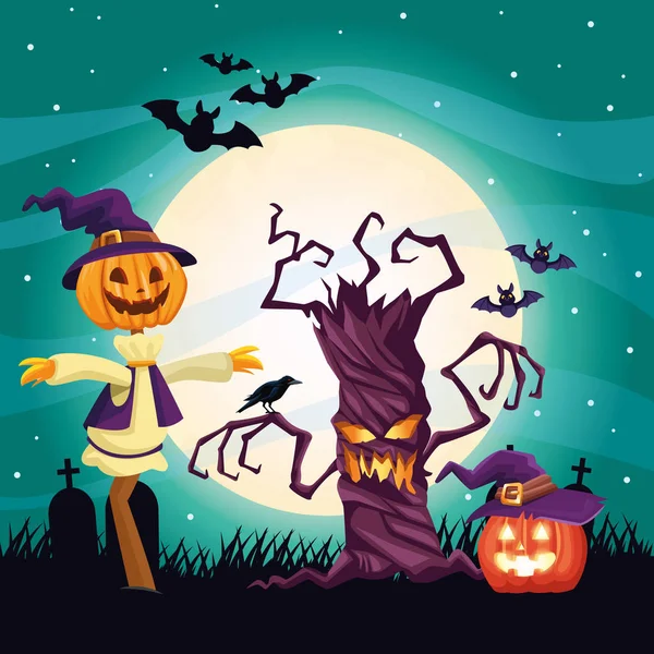 Halloween tmavá scéna se strašákem a stromem — Stockový vektor