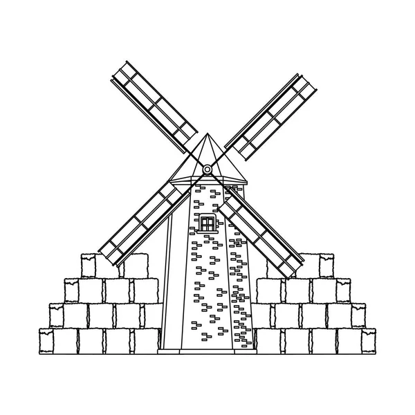 Farm windmill and bales of hay stacks — 스톡 벡터