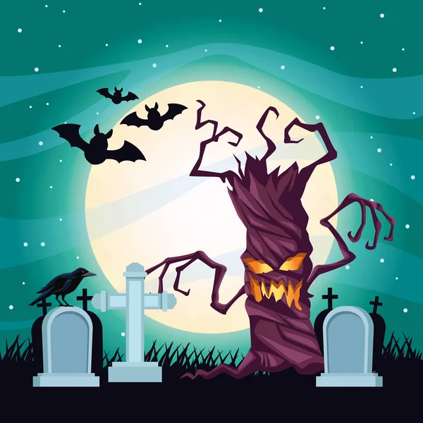 Halloween scène sombre avec arbre dans le cimetière — Image vectorielle