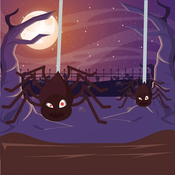 Halloween oscuro escena con araña insecto — Vector de stock