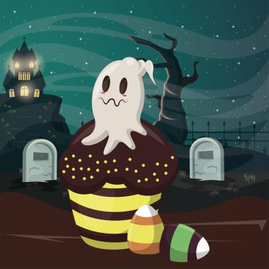 Kek ve şekerlerle dolu karanlık cadılar bayramı sahnesi