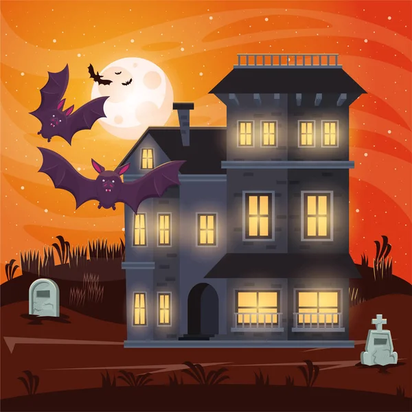 Scena oscura di Halloween con palazzo e pipistrelli che volano — Vettoriale Stock