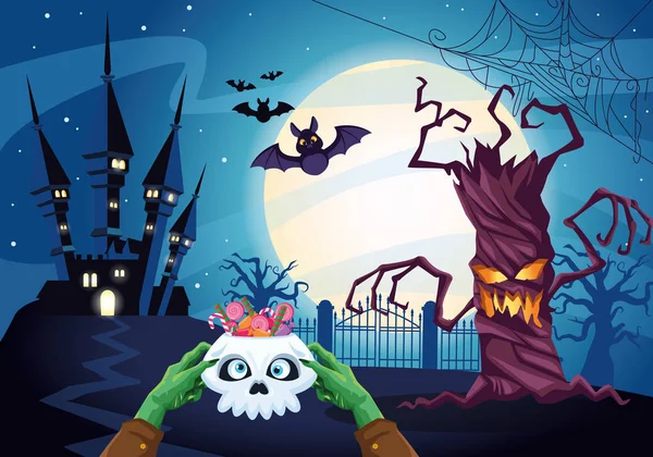 Halloween scène sombre avec crâne et bonbons — Image vectorielle