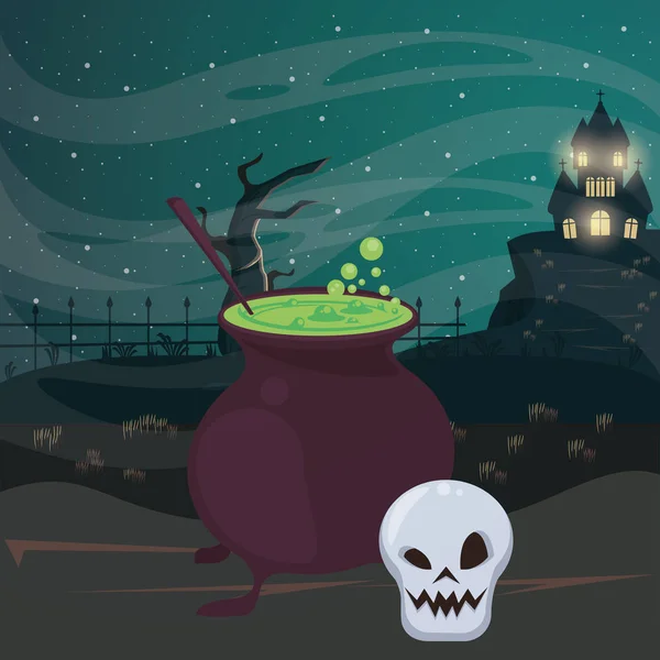 Halloween oscuro escena con caldero bruja — Vector de stock