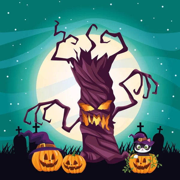 Halloween scène sombre avec des citrouilles dans le cimetière — Image vectorielle