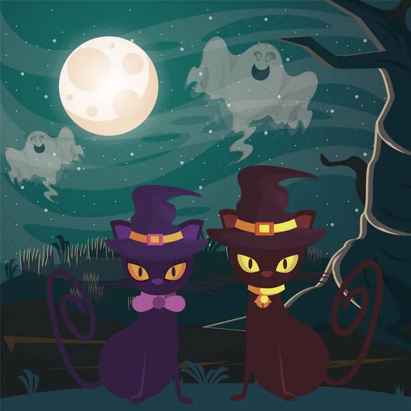 Halloween oscuro escena con negro gatos — Vector de stock