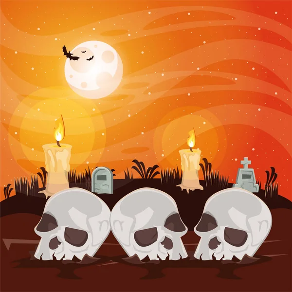 Halloween oscuro escena con cráneos cabezas — Vector de stock