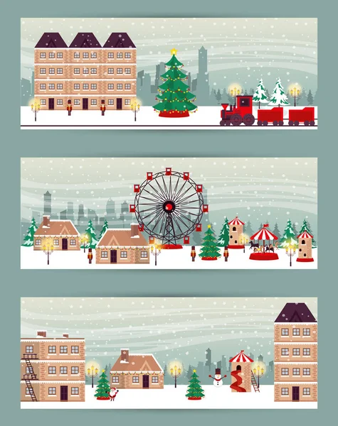 Paquete de escenas de la calle de invierno de Navidad — Archivo Imágenes Vectoriales