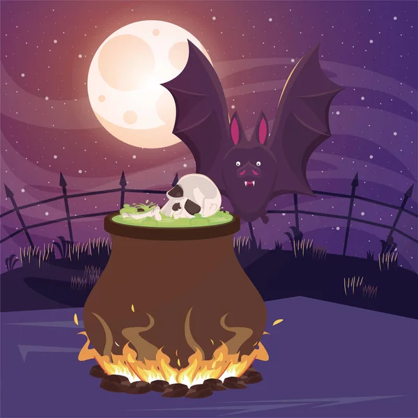 Halloween oscuro escena con bruja caldero — Vector de stock