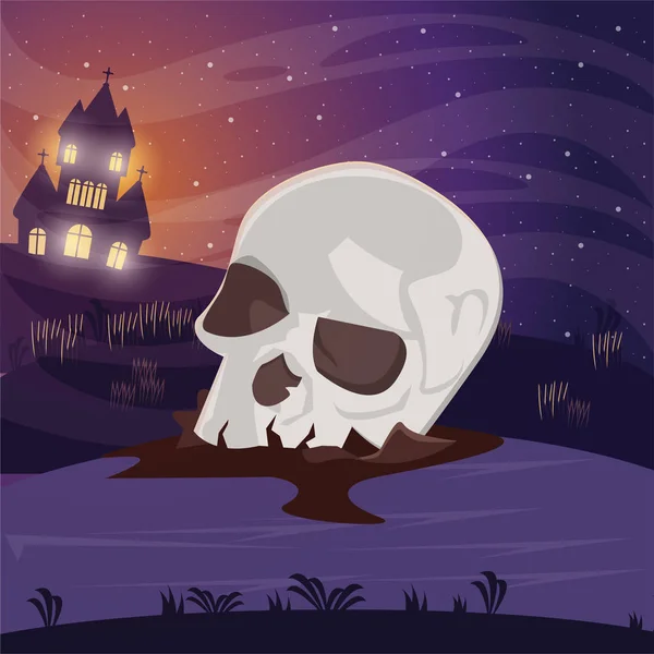 Halloween donker scene met schedel hoofd — Stockvector