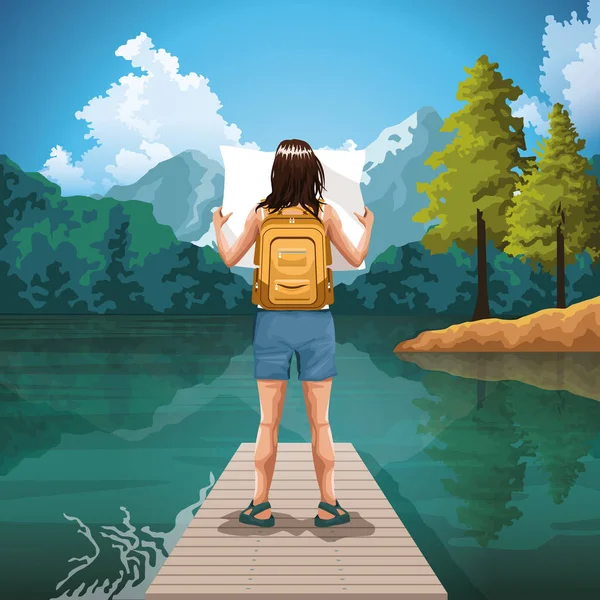 Backpack traveler in nature cartoon drawing art — 스톡 벡터