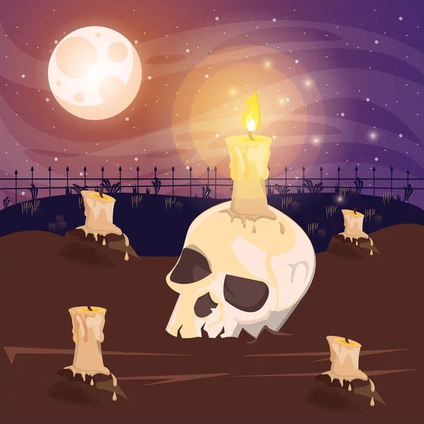 Halloween oscuro escena con cráneo y velas — Vector de stock