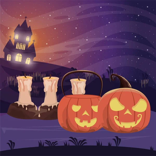 Halloween tmavá scéna s dýněmi a svíčkami — Stockový vektor