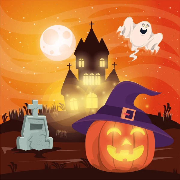 Halloween tmavá scéna s dýní na hřbitově — Stockový vektor