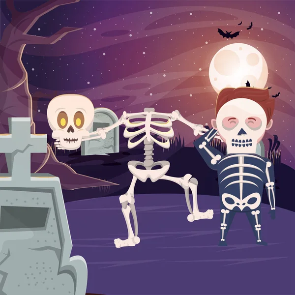 Halloween escuro cena com esqueleto — Vetor de Stock