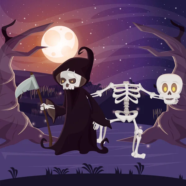 Halloween donker scene met persoon vermomde dood — Stockvector