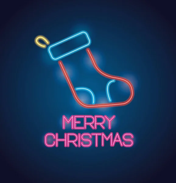 Calcetín de navidad alegre luces de neón — Vector de stock
