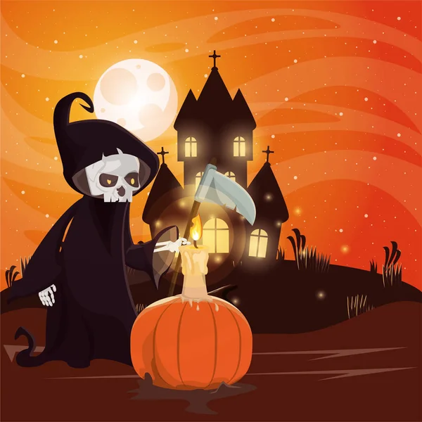 Halloween escena oscura con persona disfrazada de muerte — Vector de stock