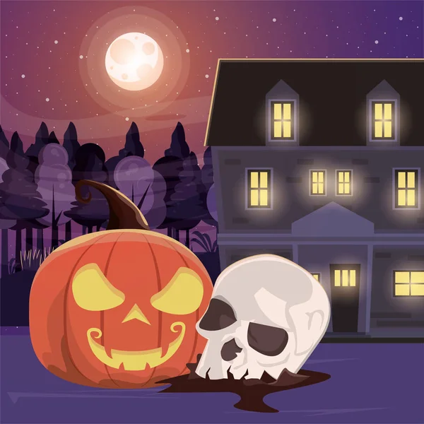Halloween tmavá scéna s lebkou hlavy — Stockový vektor