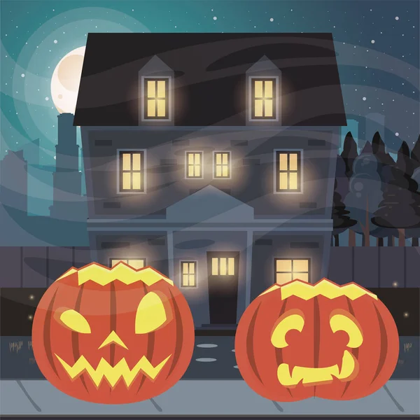 Scena oscura di Halloween con zucche — Vettoriale Stock