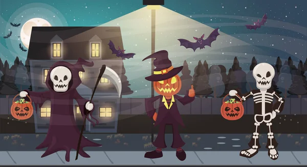 Scena oscura di Halloween con gruppo di persone mascherate — Vettoriale Stock