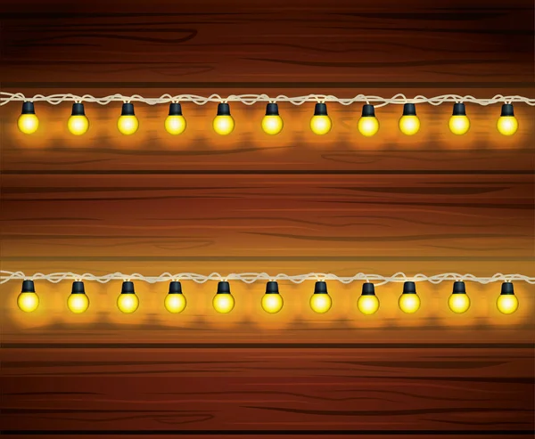Alegres lâmpadas de Natal luzes em fundo de madeira —  Vetores de Stock