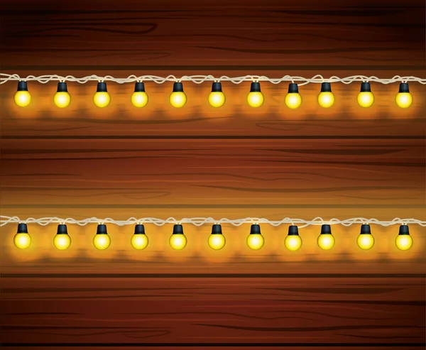 Bombillas de Navidad alegres luces en fondo de madera — Vector de stock