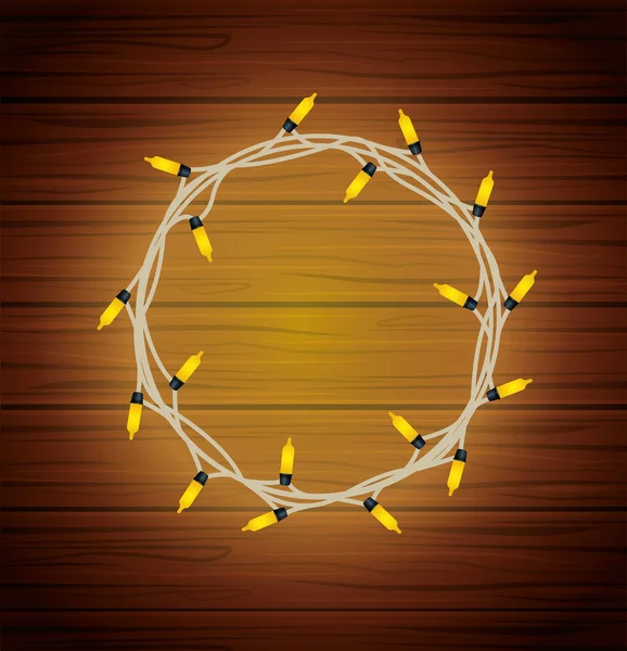 Joyeux Noël cadre circulaire ampoules lumières en bois fond — Image vectorielle