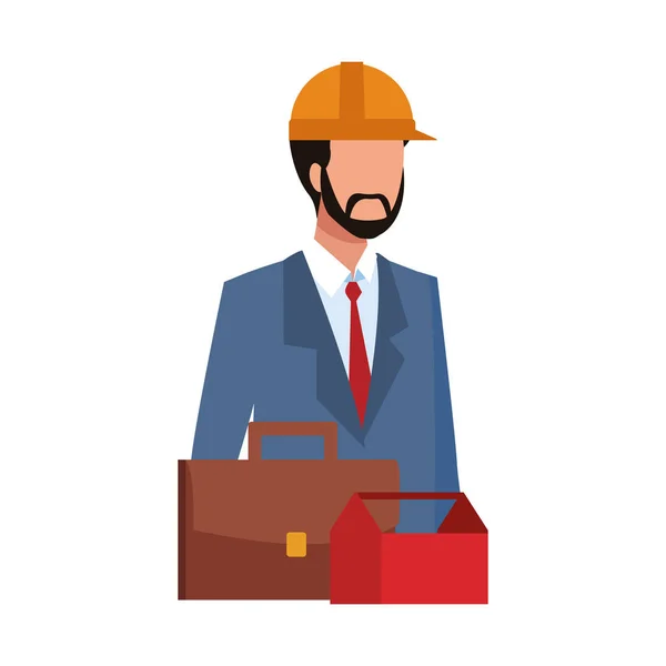 Hombre ingeniero avatar con cartera y caja de herramientas, diseño colorido — Archivo Imágenes Vectoriales