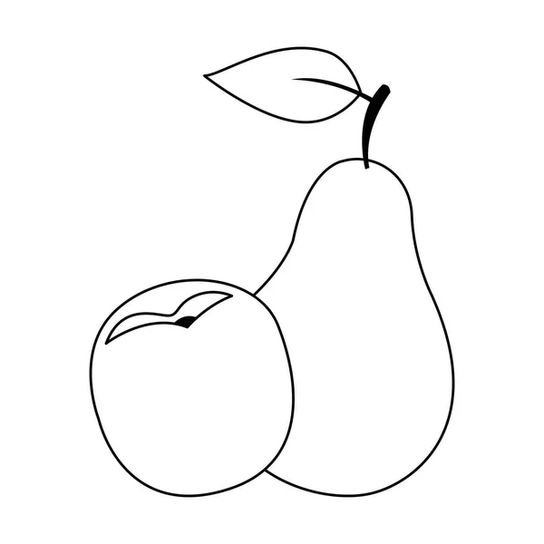 Frutas de melocotón y pera, diseño plano — Vector de stock